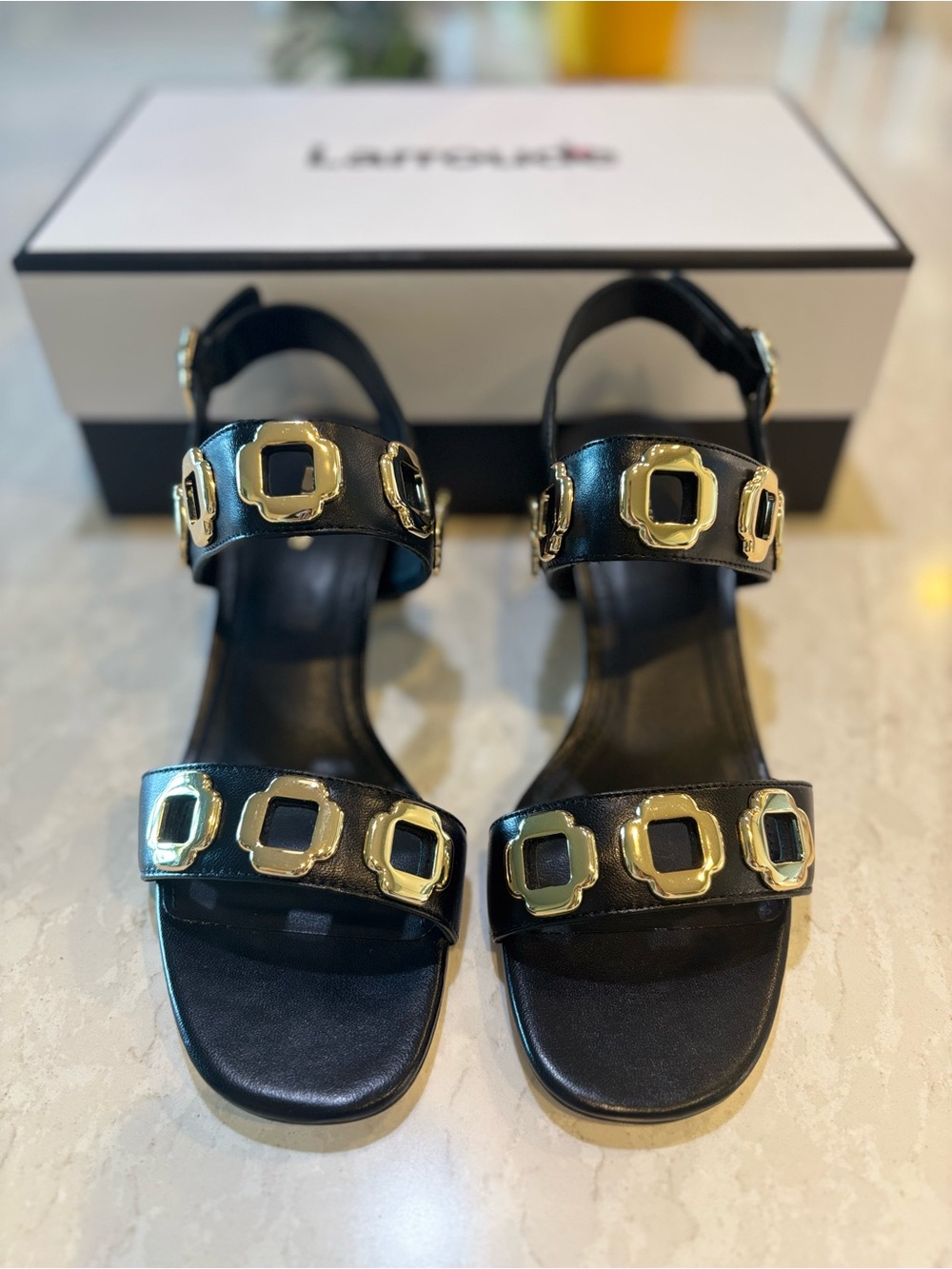 Larroude Milan Sandal In Black Leather with Gold Hardware - Picture 10 of 12